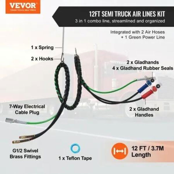 12FT Semi Truck Air Lines Kit with 2PCS Glad Hands, 3-in-1 Air Hoses & 7 Way ABS Electric Power Line, with 2PCS Gladhand Handles, 4PCS Seals and Tender Spring Kit for Semi Truck Trailer Tractor