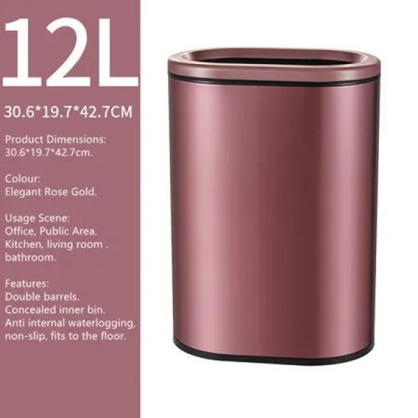 12L Oval Narrow Rubbish Bin Rose Gold Coloured Tungsten Steel Open Lid Trash Can for Kitchen, Office and Home