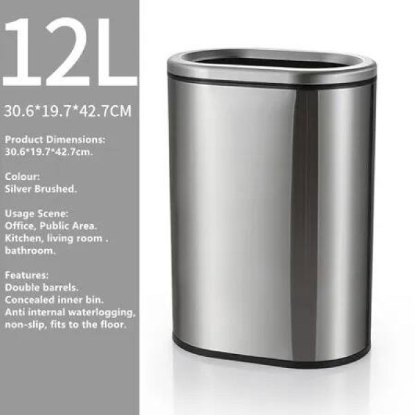 12L Oval Narrow Rubbish Bin Silver Brushed Stainless Steel Open Lid Trash Can for Kitchen, Office and Home