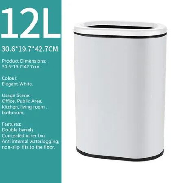 12L Oval Narrow Rubbish Bin White Coloured Tungsten Steel Open Lid Trash Can for Kitchen, Office and Home