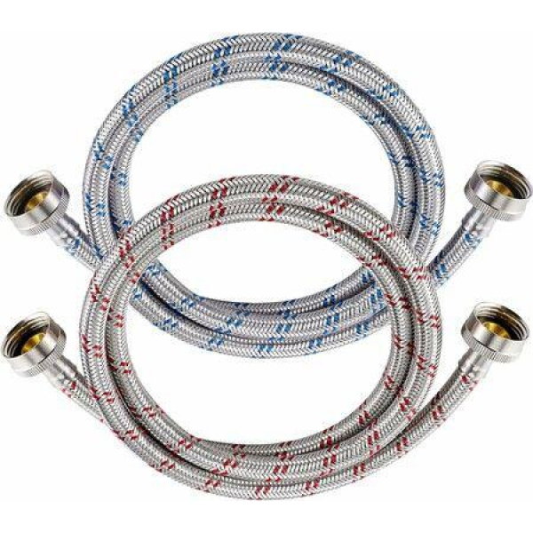 1.2M 2 Pack Stainless Steel Washing Machine Hoses Burst Proof Hot Cold Striped Water Supply Hoses 3/4 Inch Standard Interface Universal Fit