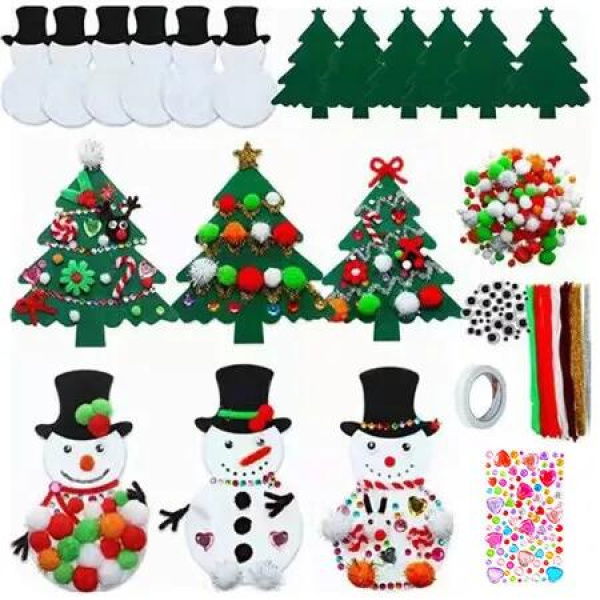 12pcs Christmas Felt Craft Kits DIY Snowman Ornaments Wall Mounted Detachable Kids Home Door Hanging Decorations Christmas Birthday Gift