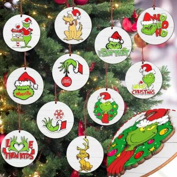 12pcs Christmas Ornaments Tree Decorations Set, Green Wooden Round Ornaments Hanging Decorations for Christmas Tree Home Decor