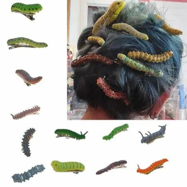12Pcs Halloween Caterpillar Hair Clips Hand Painted Reptile Hair Clip Headpiece Spooky Halloween Party Hair Accessories Fun 3D Bug Duckbill Clips