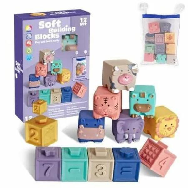 12Pcs Soft Building Blocks Toy Set Silicone Toys, Educational and Chewable Squeeze Play Toys for Kids