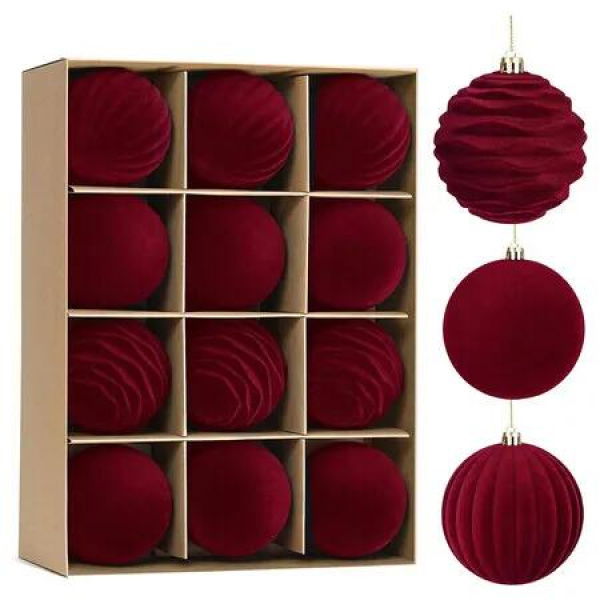 12Pcs Velvet Christmas Ornaments Balls, 8CM Burgundy Red Christmas Ornaments Balls Set, Hanging Velvet Ornaments for Xmas Home Decor, Red