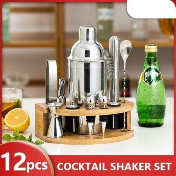 12 Pcs/set Stainless Steel Cocktail Shaker Set Bartender Tool Kit Bar Accessories Drink Mixer Tool With Wine Rack Stand 750 Ml.