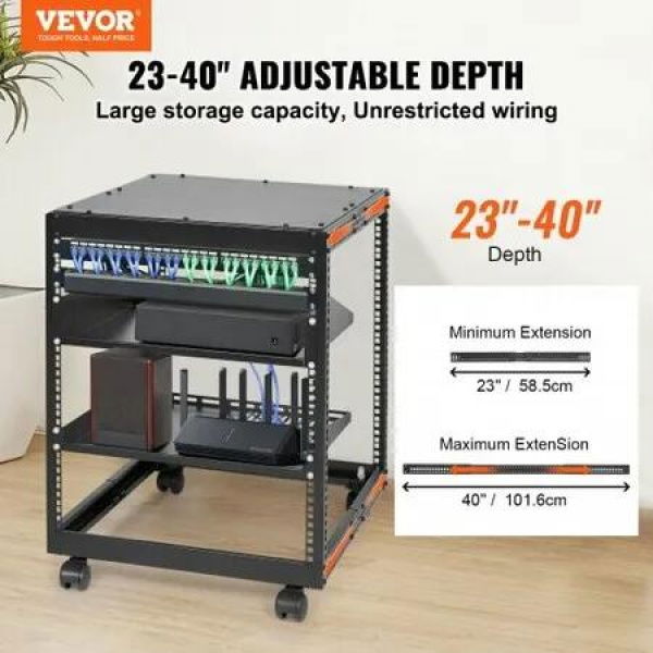 12U Open Frame Server Rack 15''-40'' Adjustable Depth Free Standing or Wall Mount Network Server Rack 4 Post AV Rack with Casters Holds All Your Networking