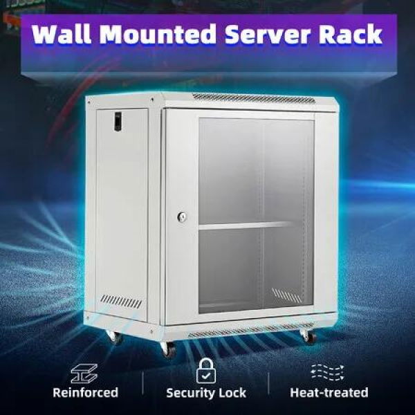 12U Server Cabinet Rack Network Data Case Wall Mount LAN Enclosure Comms 19Inch 400mm Deep Locking Glass Door Side Panels Wheels IT Computer Equipment