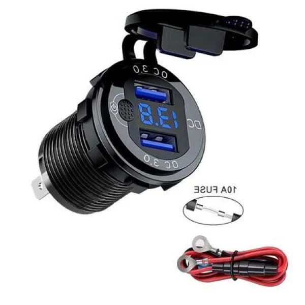 12V Dual QC 3.0 USB Charger with Voltmeter & Power Switch,Waterproof Aluminum Car Charger Adapter for RV Marine Motorcycle Truck Golf Cart RV etc