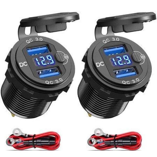 12V Socket USB Charger Dual QC 3.0 With LED Voltmeter And Power Switch Waterproof Aluminum Car Charger Adapter For RV Marine Motorcycle Truck Golf Cart RV Etc. 2 Pack.