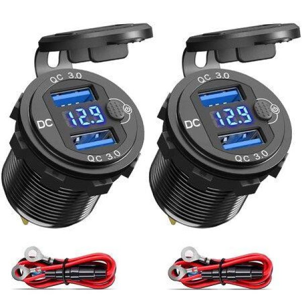 12V Socket USB Charger Dual QC 3.0 with LED Voltmeter Waterproof Car Charger Adapter for RV Marine Motorcycle