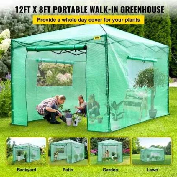 12'x 8'x 8' Pop-Up Greenhouse, Set Up in Minutes, Portable Greenhouse with Doors & Windows. High Strength PE Cover & Powder-Coated Steel Construction