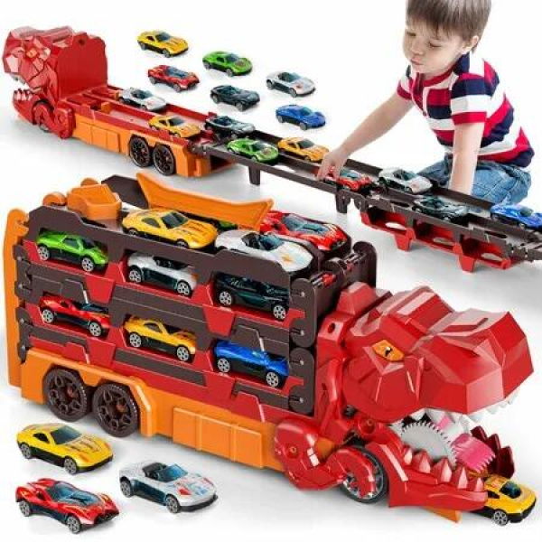 13 in 1 Dinos Race Track Toys Foldable Track Transport Dino Truck with 12 Diecast Cars, Carrier Truck Toy Birthday Gifts Toys for Boys 3-4 Years,Red