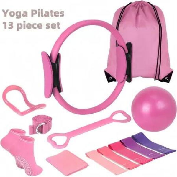 13 Pcs Pilates Rings Set For Home Gym Workouts Including Pilates Ball,Yoga Ring And Resistance Bands For Women Color Pink