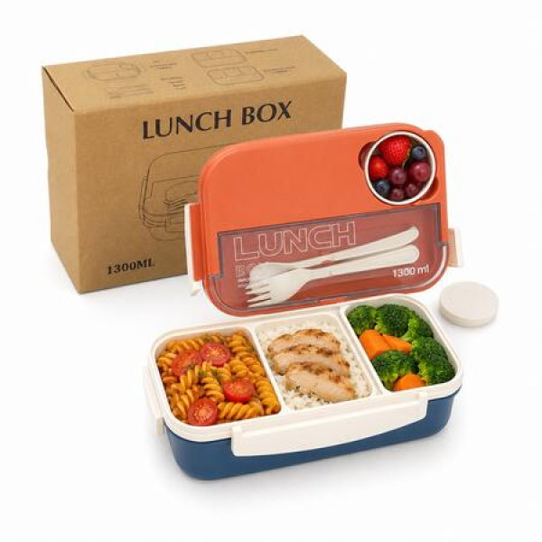 1.3L Lunch Box 4 Compartments Bento Container With Sauce Cup Leak Proof Microwave Safe Food Storage For School COL.BLUE