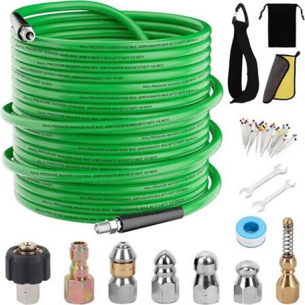 14 PCS Set Green 50 FT Sewer Jetter Kit for Pressure Washer 5800PSI Drain Cleaner Hose 1/4 Inch NPT Corner Rotating and Button Nose