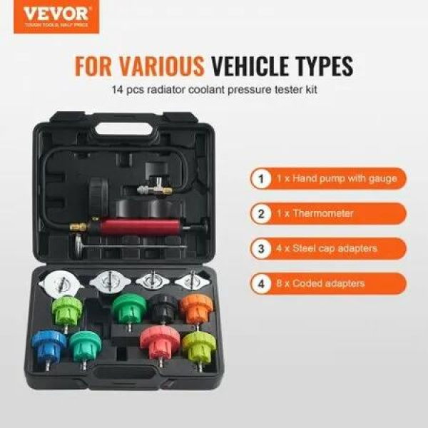 14 pcs Universal Radiator Pressure Tester Kit, Coolant Pressure Tester Kit with Manual Pump and Color-coded Steel Test Cap Adapters, with Toolbox, For Cars Motorcycles Trucks Cooling System