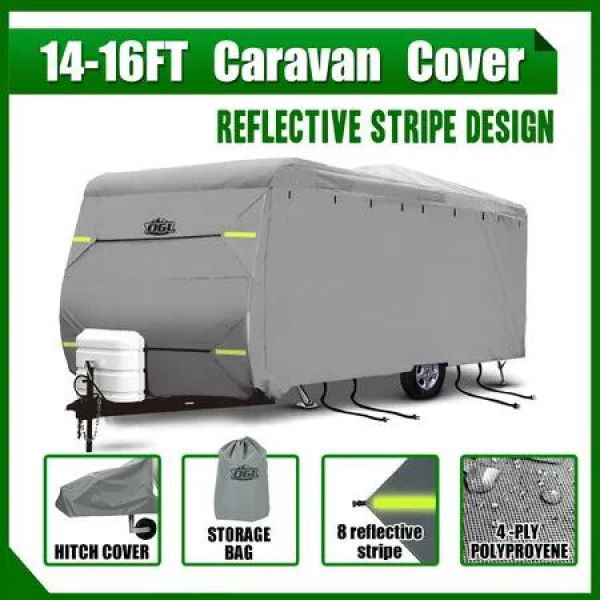 14 to 16ft Caravan Cover Travel Campervan Trailer Accessories 4 Layer Water UV Proof Heavy Duty Polypropylene Protector with Storage Bag Hitch Cover