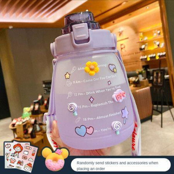 1400ml Cute Water Bottle With Stickers Straw Big Belly Cup Sports Bottle For Water Jug Children Kettle Color Purple With Random Stickers And Accessories