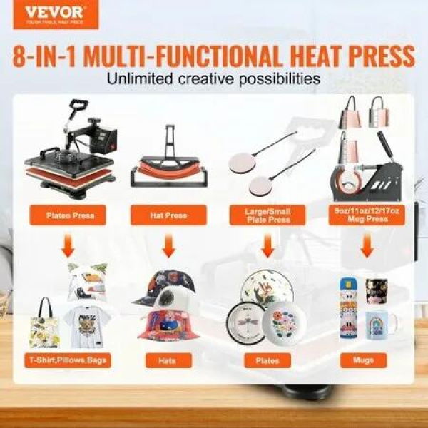 1400W Heat Press Machine 8 In 1 Sublimation Steel Frame Heat Presses with Temperature And Time Control (12X15INCH 8IN1)