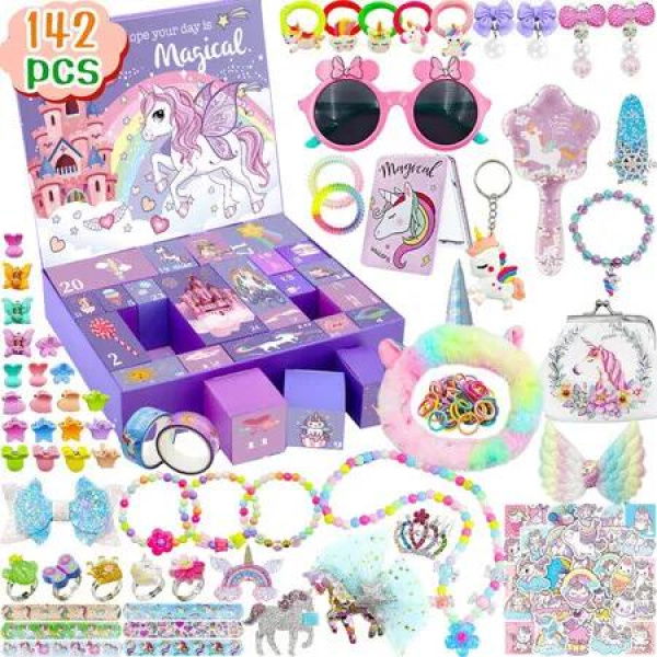 142 PCS Unicorn Advent Calendar Surprise Box for Girls Gifts with Plush Hairband Hair Clips Eye Accessories Christmas Gift