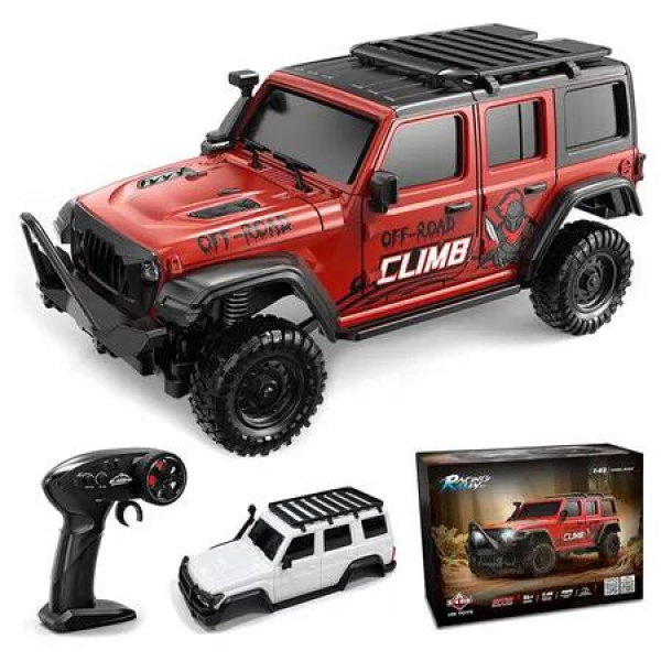 1/43 Scale 2.4G 4WD RC Rock Crawler Model, Featuring Simulated Lighting System, Remote Control Capability Dual Body (Red)