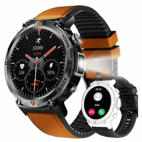 1.45â€Smart Watch for Men with LED Flashlight 3ATM Waterproof Smart Watch with 100+ Sports Modes Fitness Tracker for iOS Android((Brown & Black)