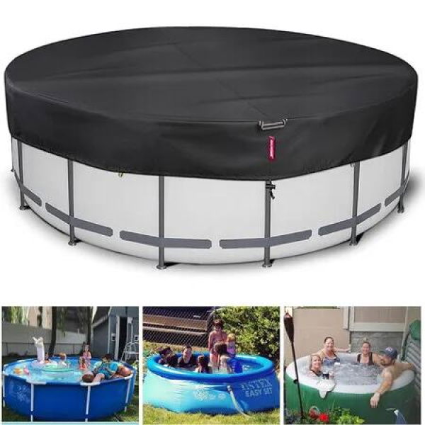 14ft Round Winter Pool Cover for Above Ground Pools, Fade Resistant Pool Cover with Windproof Strap, Drawstring, Ground Nails, Black