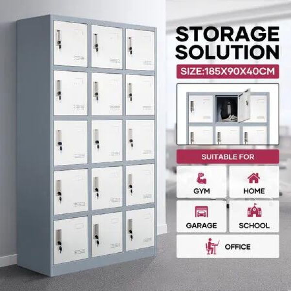 15 Doors Locker Cabinet Steel Storage Cupboard Metal File Organiser Home School Garage Office Gym Dorm Student Employee Staff Locks Card Slots 185cm