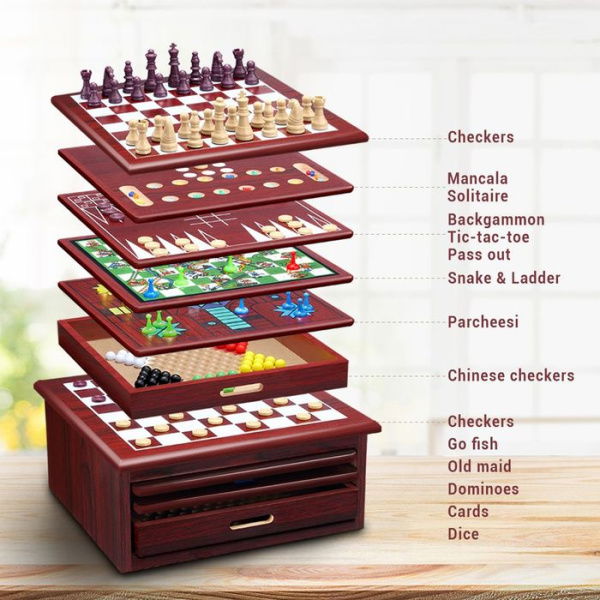 15 Games In 1 Wooden Box Include Chess Checkers Solitaire Backgammon Tic-Tac-Toe Parcheesi Etc.