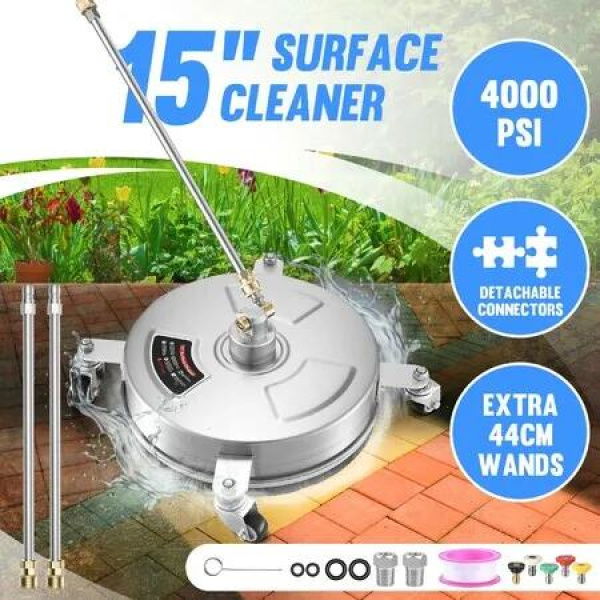 15 Inch High Pressure Washer Surface Cleaner Concrete Driveway Scrubber Wheel Stainless Steel 4000PSI Power Extension Wand 1/4â€ Connector Spray Nozzle