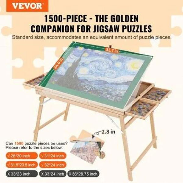 1500 Piece Puzzle Table with Folding Legs 4 Drawers and Cover Wooden Jigsaw Puzzle Plateau Adjustable 3-Tilting-Angle Puzzle Board Puzzle Storage System