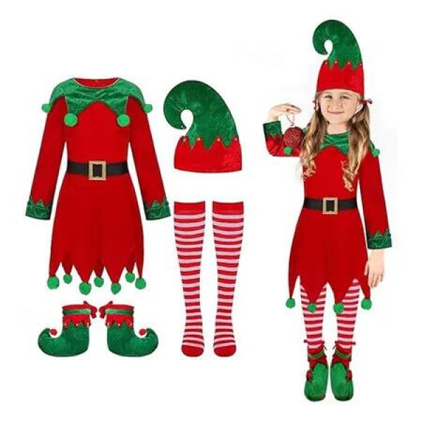 150CM Christmas Elf Costume for Girls Boys Costume with Elf Hat Xmas Holiday Stockings for Christmas Cosplay Party