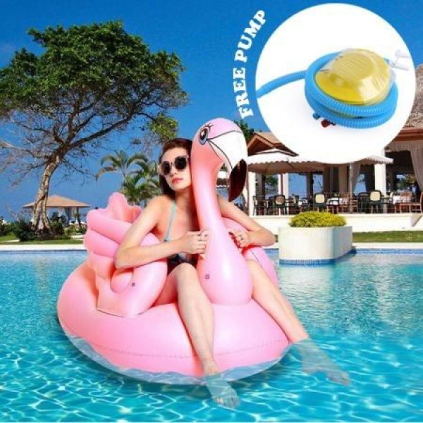 150cm Giant Inflatable Flamingo Pool Float + 1 Free Plastic Manual Inflating Pump.