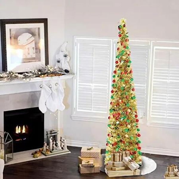 150cm Pop Up Christmas Tree,Collapsible Christmas Tinsel Tree Artificial Tree Christmas Decoration for Holiday Home Office Party Color Gold