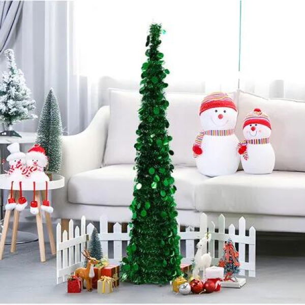 150cm Pop Up Christmas Tree,Collapsible Christmas Tinsel Tree Artificial Tree Christmas Decoration for Holiday Home Office Party Color Green