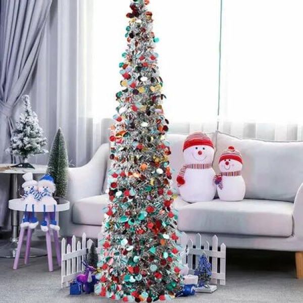 150cm Pop Up Christmas Tree,Collapsible Christmas Tinsel Tree Artificial Tree Christmas Decoration for Holiday Home Office Party Color Silver