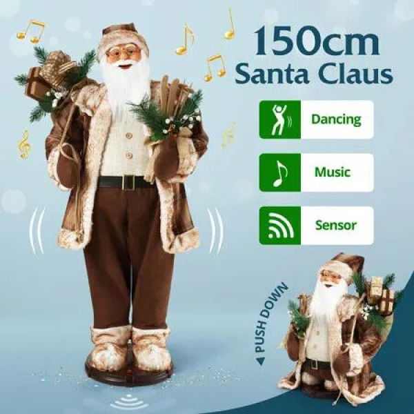 150cm Singing Dancing Animated Santa Claus Figurine Christmas Decoration Standing Figure Musical Display Collapsible Xmas Home Ornament Set