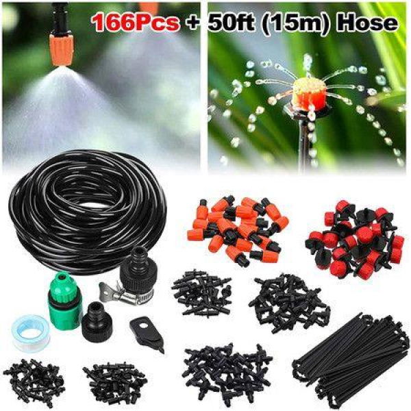 15M 166PCS Plant Watering Mist Cooling Irrigation System Hose Nozzles Sprinklers Automatic KITS For Garden Greenhouse Patio Lawn