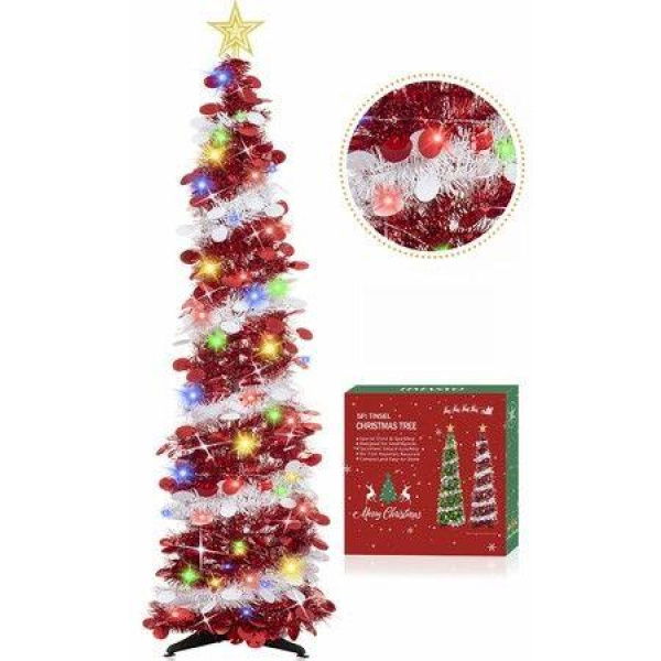 1.5m Christmas Tree with 50 LED Color Lights Artificial Pop Up Collapsible Tinsel Christmas Tree Christmas Star Home Party Indoor Outdoor (Red/white)