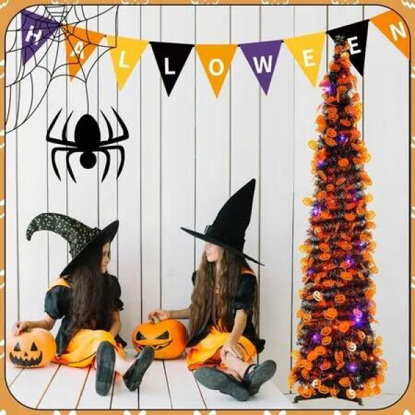 1.5m Purple Tinsel Pop Up Halloween Christmas Tree with LED Lights Built Pumpkin Ornaments Indoor Decoration (Orange)