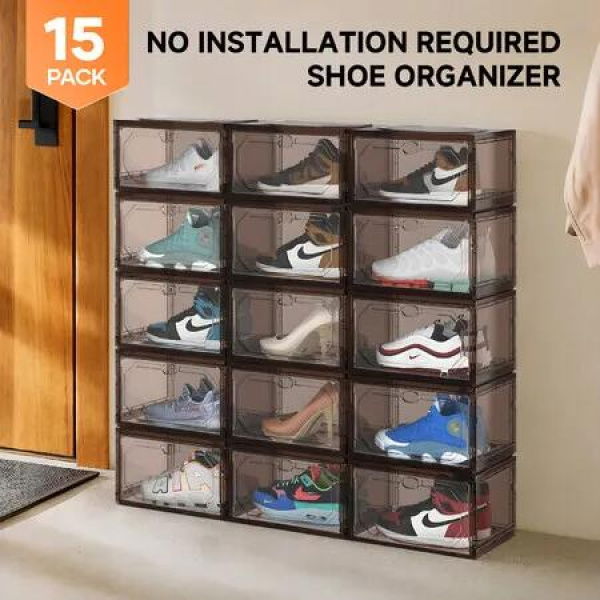 15PCS Shoe Storage Box Clear Plastic Stackable Sneaker Display Case Large Container Closet Bin Rack Organiser Unit Cabinet Transparent Footwear Holder