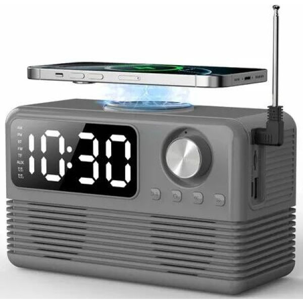 15W Fast Wireless Charger with Bluetooth Speaker and Alarm Clock Radio,4 in1 Wireless Charging Station for Phones with FM Radio for Bedroom, Grey