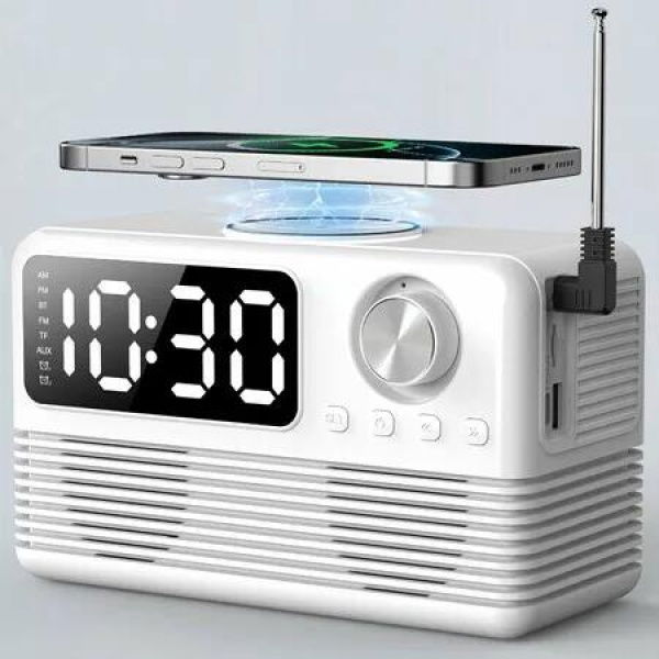 15W Fast Wireless Charger with Bluetooth Speaker and Alarm Clock Radio,4 in1 Wireless Charging Station for Phones with FM Radio for Bedroom, White