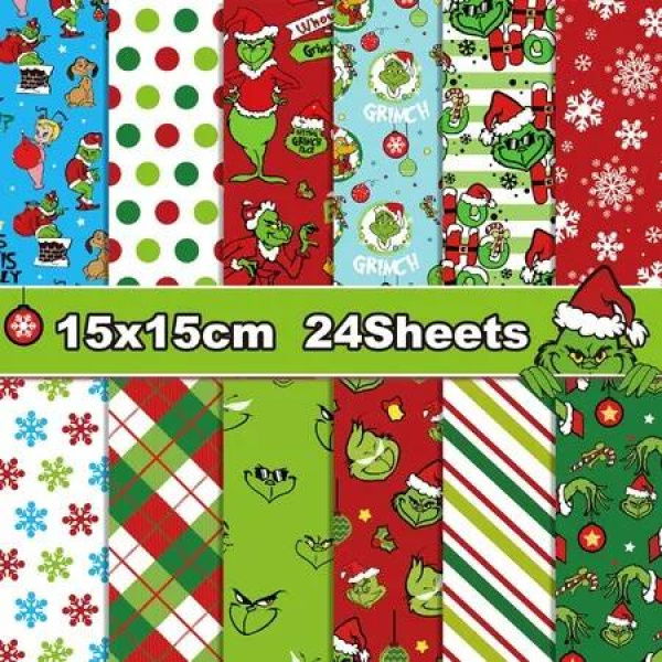 15x15cm 12 Designs Christmas Scrapbook Paper 24 Sheets Grinch Pattern Double Sided Craft Paper for Card Making and Photo Albums