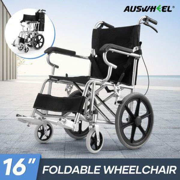 16 Inch Folding Wheelchair Mobility Disability Aid Equipment Portable Travel Lightweight Elderly Rear Hand Brakes Auswheel