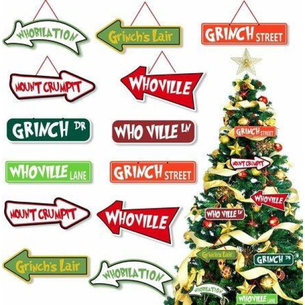 16 Pack Welcome to Whoville Hanging Paper Christmas Tree Ornaments, Grinch's Lair Themed Winter Christmas Tree Ornaments