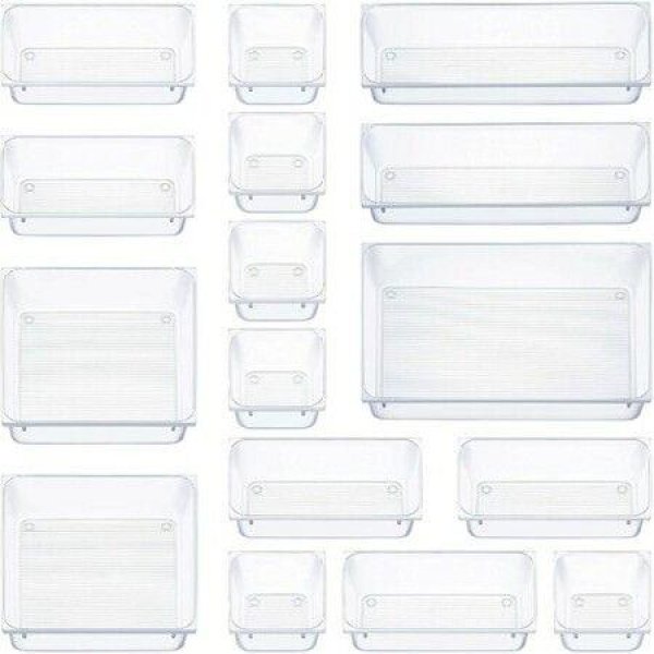 16 PCS Clear Plastic Drawer Organizers Set Vtopmart 4-Size Versatile Bathroom And Vanity Drawer Organizer Trays Storage Bins For Makeup Jewelries Kitchen Utensils And Office