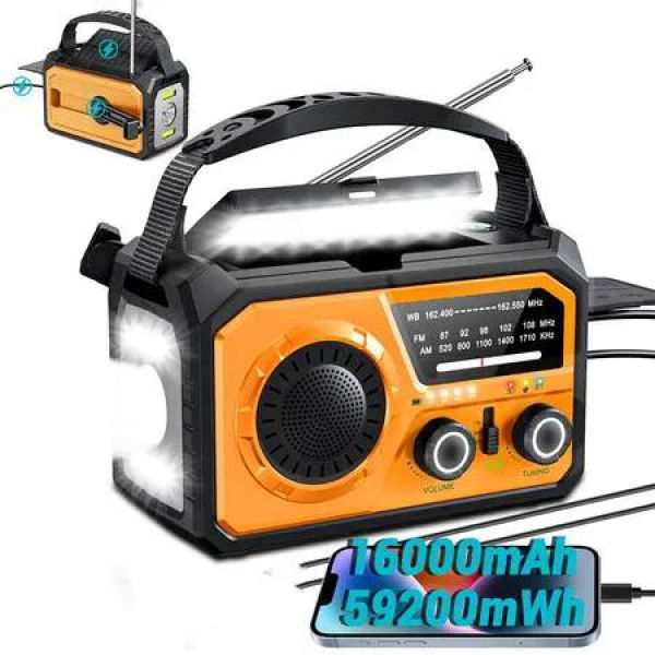 16000mAh Emergency Weather Radio,AM FM NOAA Weather Alert Radio Hand Crank Solar Outdoor Radio with Reading Lamp SOS Alarm 3 Mode Flashlight(Yellow)
